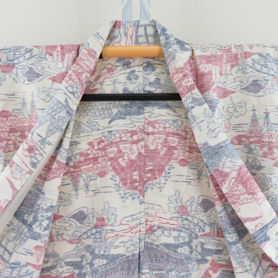 紬 着物 大島紬 麻の葉模様 茶色x薄青色 袷 広衿 正絹 カジュアル