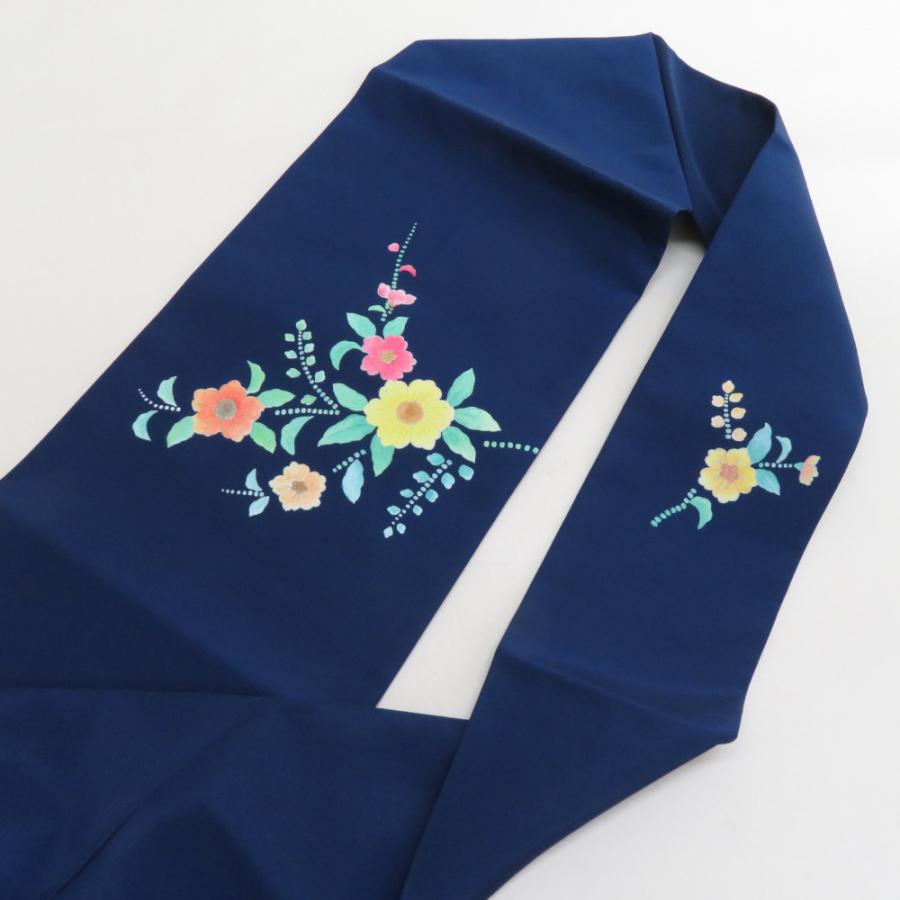 名古屋帯 塩瀬 正絹 花模様 お太鼓柄 青色x多色 カジュアル 長さ364cm