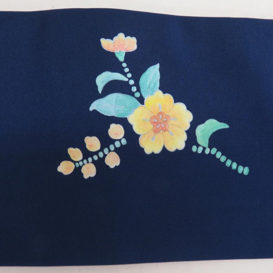 名古屋帯 塩瀬 正絹 花模様 お太鼓柄 青色x多色 カジュアル 長さ364cm