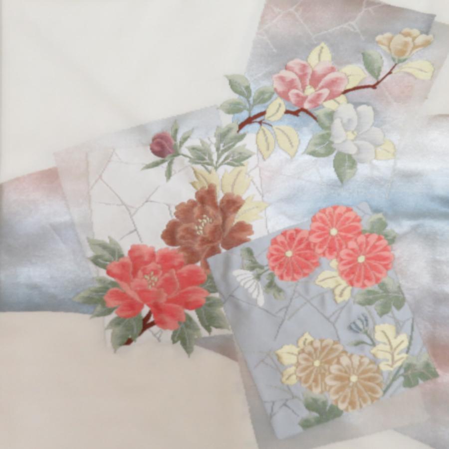 名古屋帯 西陣織り 仕付け糸付き 正絹 クリーム色xシルバーx多色