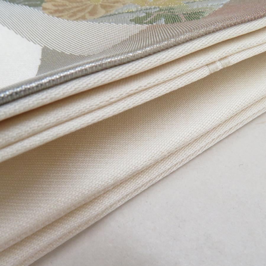 名古屋帯 西陣織り 仕付け糸付き 正絹 クリーム色xシルバーx多色