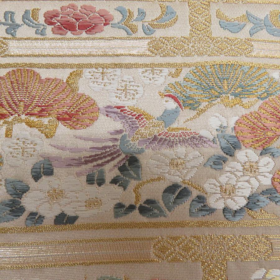 袋帯 花鳥にうさぎ文様 金糸 ゴールドxパステル色 六通柄 正絹 