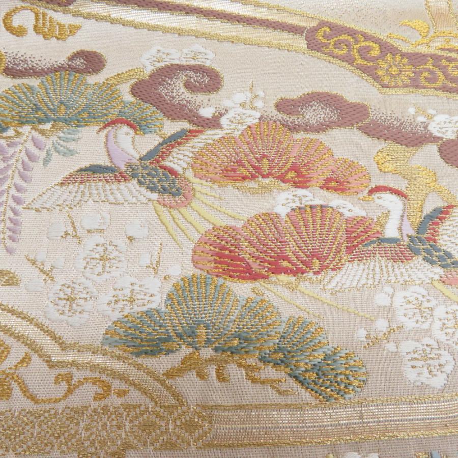 袋帯 花鳥にうさぎ文様 金糸 ゴールドｘパステル色 六通柄 正絹 フォーマル 仕立て上がり 着物帯 長さ440cm 袋帯 花鳥にうさぎ文様 金糸 ゴールドxパステル色 六通柄 正絹