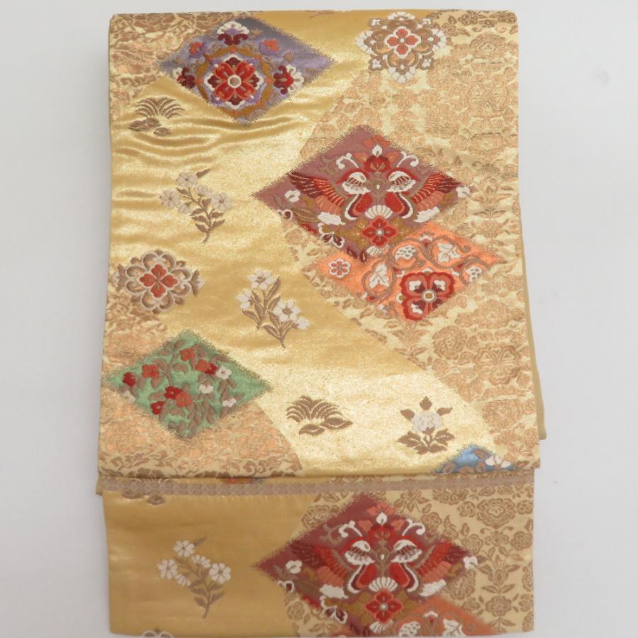 袋帯 鹿 花文様 和装 着物 袋帯 正絹 金色x多色 金糸 鹿にオシドリ文様 六通柄 フォーマル