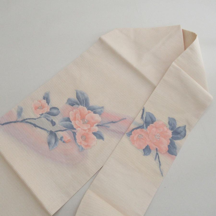 名古屋帯 絽 夏用 花文様 クリーム色ｘ薄ピンクｘ薄紫色 パステル計 銀糸 ラメ入り お太鼓柄 芯入り仕立て 正絹 着物帯  長さ353cm 【キモノオフ野々市若松店】 名古屋帯 絽 夏用 花文様 クリーム色x薄ピンクx薄紫色 パステル計