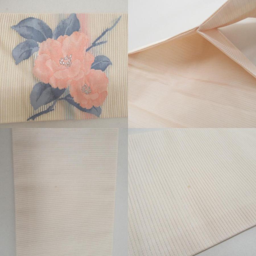 名古屋帯 絽 夏用 花文様 クリーム色ｘ薄ピンクｘ薄紫色 パステル計 銀糸 ラメ入り お太鼓柄 芯入り仕立て 正絹 着物帯  長さ353cm 【キモノオフ野々市若松店】 名古屋帯 絽 夏用 花文様 クリーム色x薄ピンクx薄紫色 パステル計