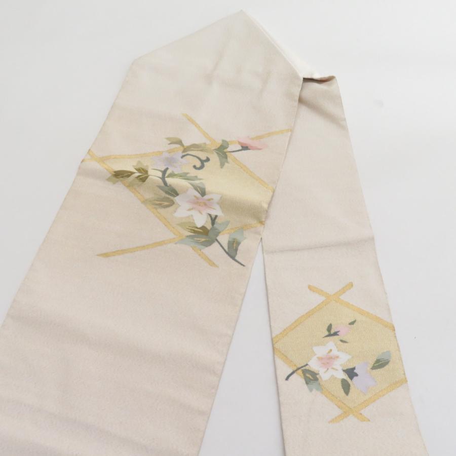 名古屋帯 つづれ 金糸 白色xクリーム色x薄ピンク色 菱に花文様 