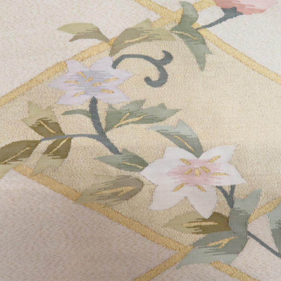 名古屋帯 つづれ 金糸 白色xクリーム色x薄ピンク色 菱に花文様 