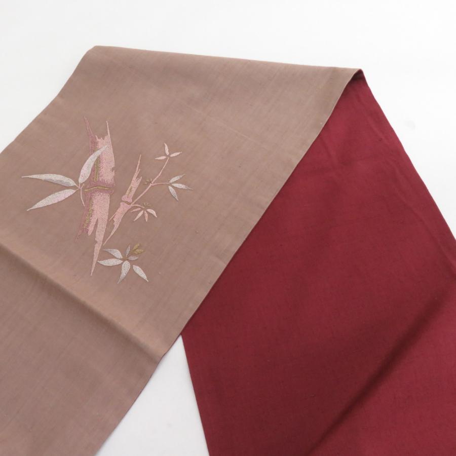 袋帯 洒落袋帯 さがら刺繍 竹文様 お太鼓柄 茶色 紬地 正絹  長さ456cm 【キモノオフ野々市若松店】 袋帯 洒落袋帯 さがら刺繍 竹文様 お太鼓柄 茶色 紬地 正絹 長さ456cm