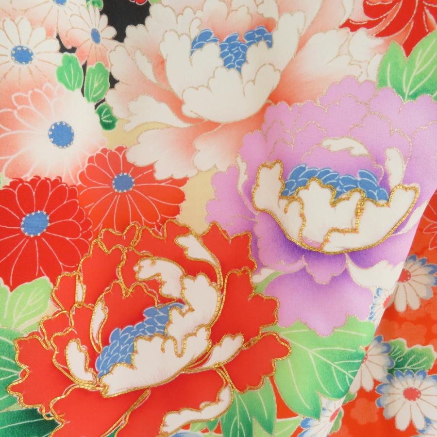 子供着物 女の子用 一つ身 襦袢とセット オレンジ色x多色 花々文様 