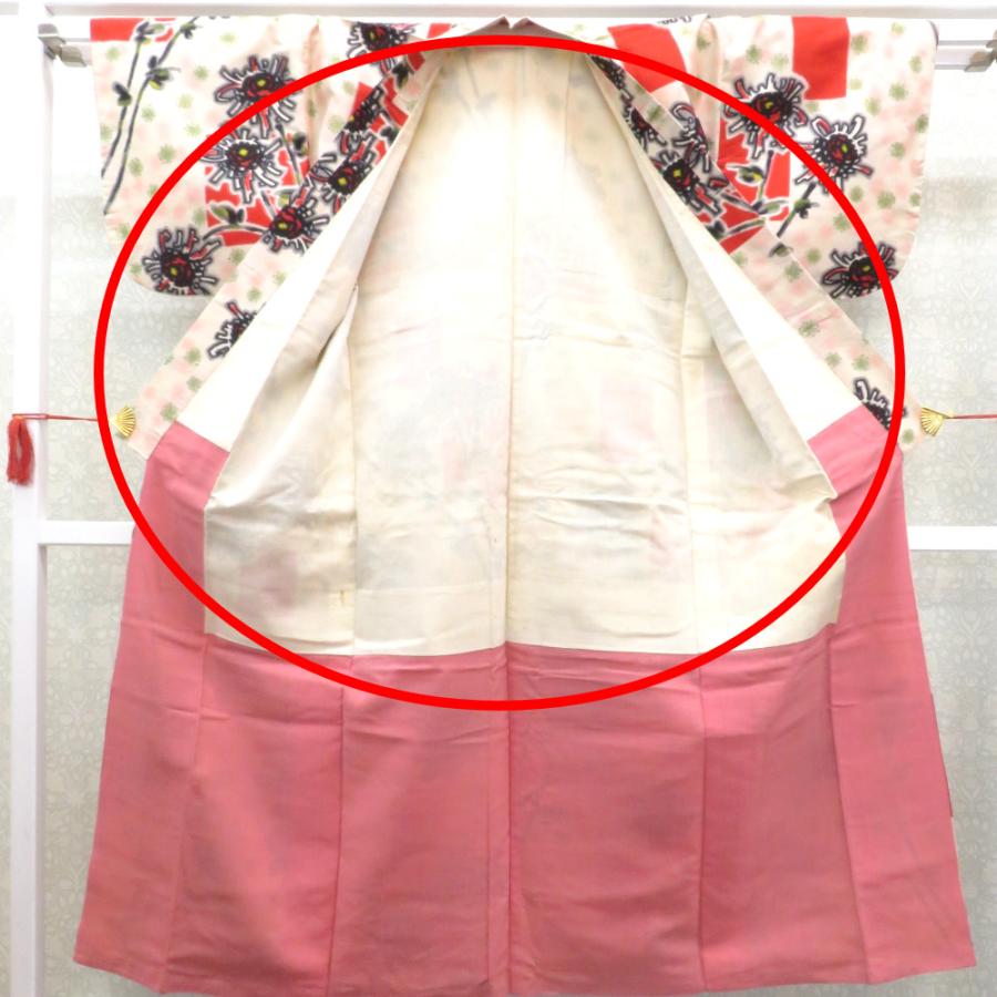 銘仙 アンティーク着物 昔 袷 正絹 バチ衿 薄ベージュ 白 グレー 黒 赤