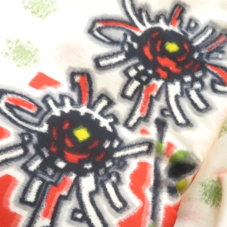 銘仙 アンティーク着物 昔 袷 正絹 バチ衿 薄ベージュ 白 グレー 黒 赤