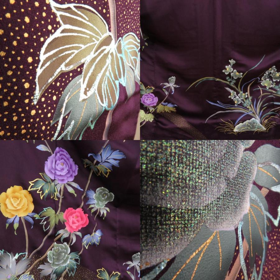 振袖 正絹 紫色x多色 薔薇文様 襦袢付き 袷 広衿 成人式 卒業式 舞台