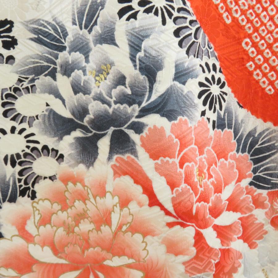 振袖 正絹 オレンジｘ白 絞り 花々紋様 袷 広衿 成人式 卒業式 舞台衣装 フォーマル 仕立上り 着物 身丈155cm 【キモノオフ野々市若松店】 振袖 正絹 オレンジx白 絞り 花々紋様 袷 広衿 成人式 卒業式 舞台