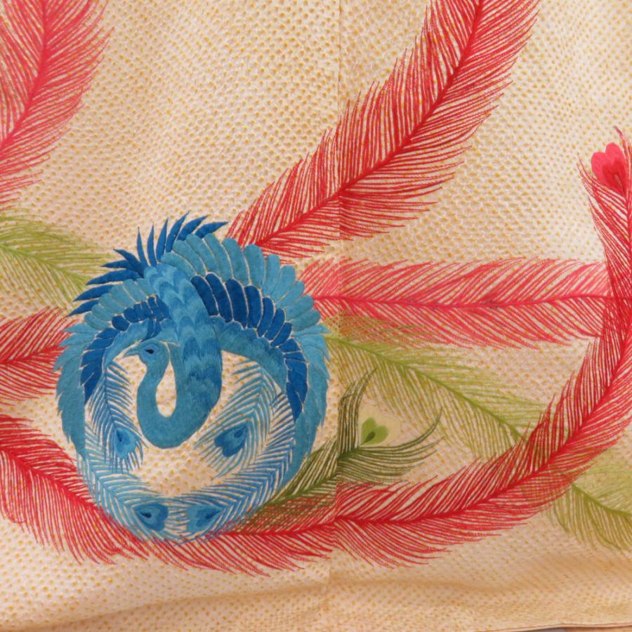 振袖 二尺袖 総絞り 正絹 黄色x多色 刺繍入り 孔雀紋様 袷 広衿 成人