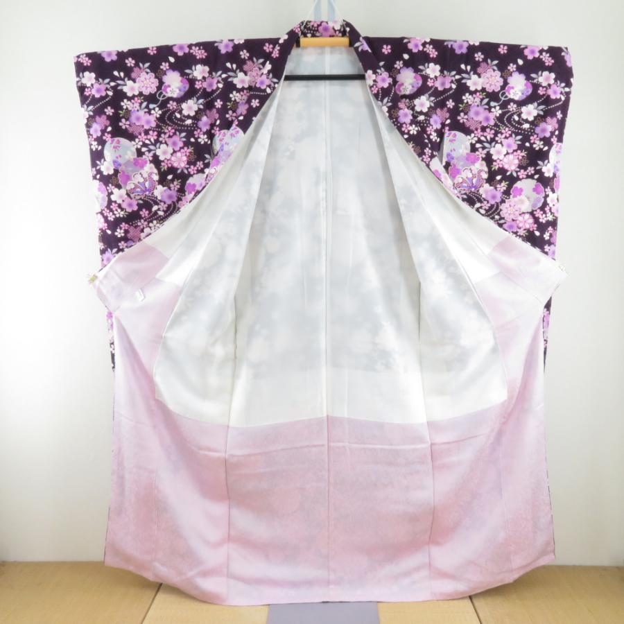 振袖 正絹 紫色xピンク色 金コマ 桜に手毬紋様 襦袢付き 袷 広衿 成人 
