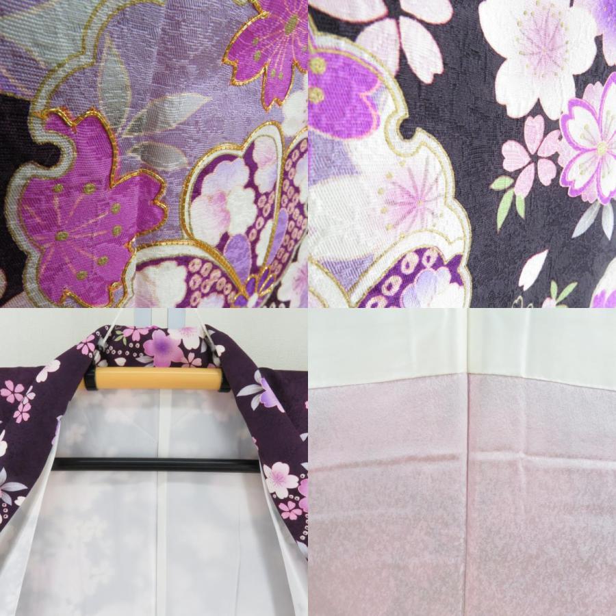 振袖 正絹 紫色xピンク色 金コマ 桜に手毬紋様 襦袢付き 袷 広衿 成人