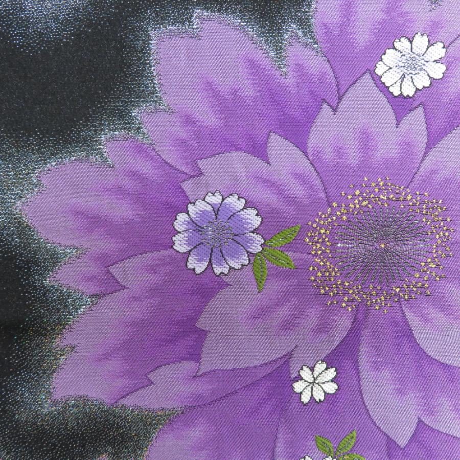 袋帯 振袖用 桜紋様 黒色x紫色 金糸銀糸 ラメ糸 六通柄 リバーシブル