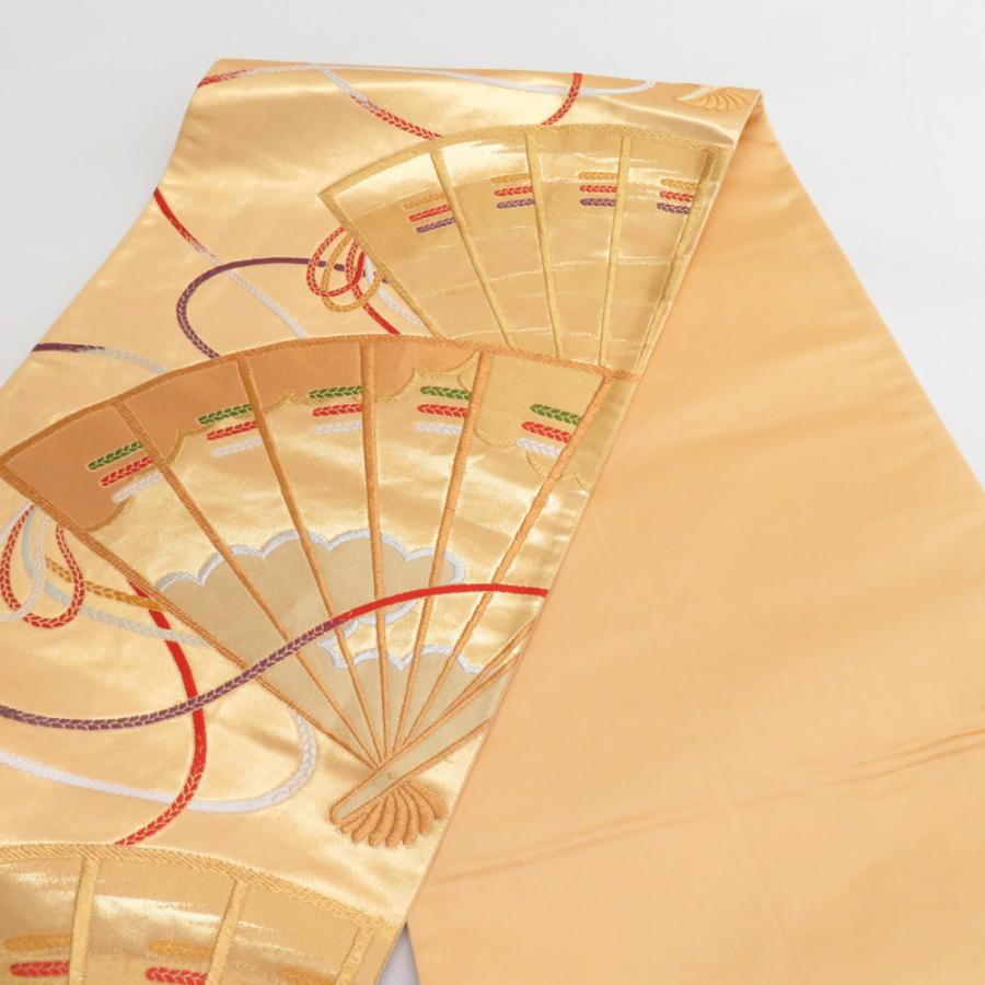 袋帯 振袖用 正絹 花鳥模様 ベージュ色xゴールドx多色 金糸銀糸 六通