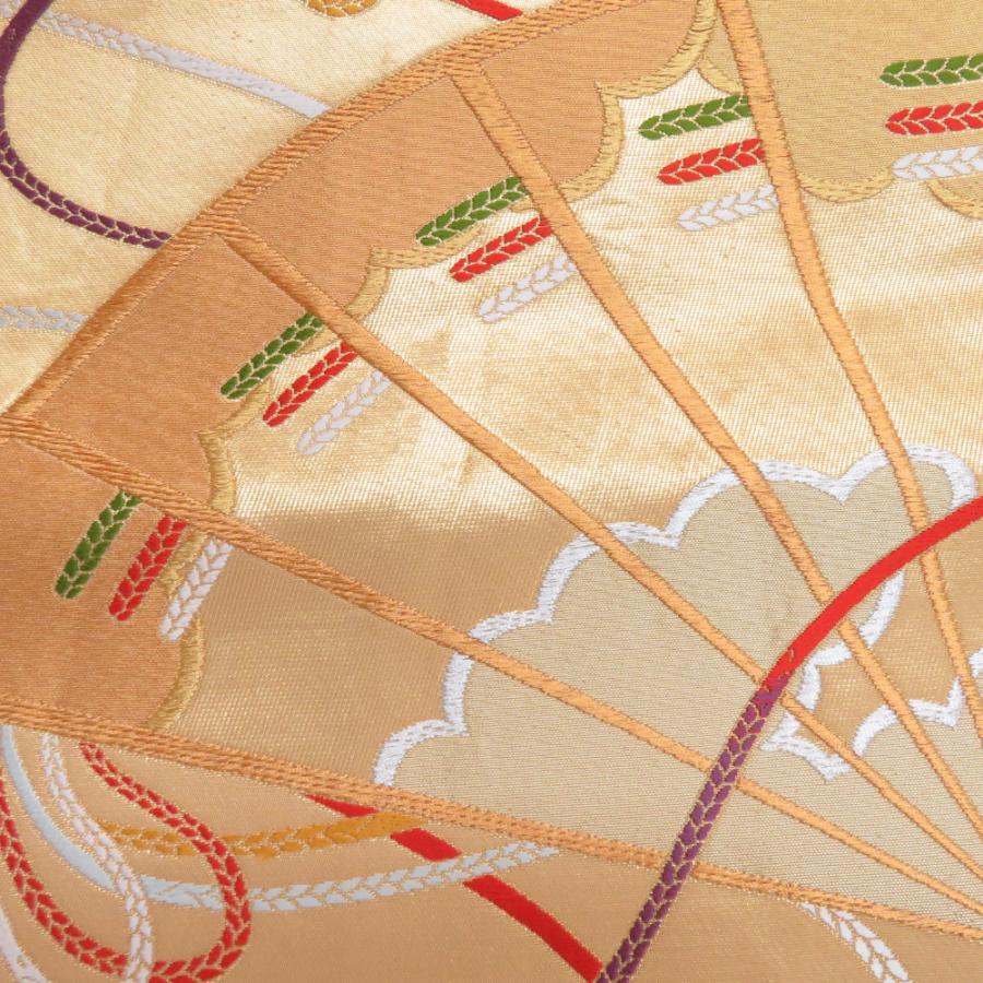 袋帯 振袖用 正絹 花鳥模様 ベージュ色xゴールドx多色 金糸銀糸 六通