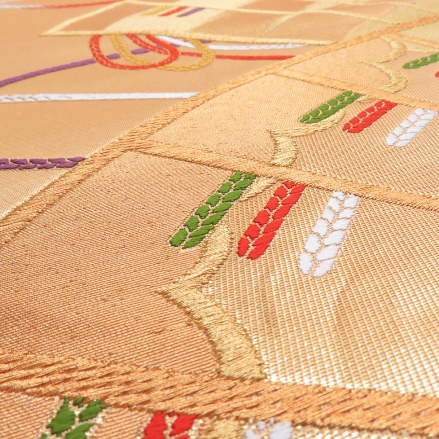 袋帯 振袖用 正絹 花鳥模様 ベージュ色xゴールドx多色 金糸銀糸 六通