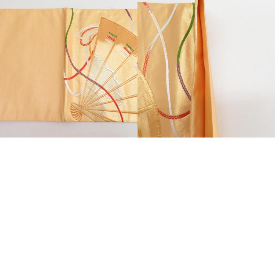 袋帯 振袖用 正絹 花鳥模様 ベージュ色xゴールドx多色 金糸銀糸 六通