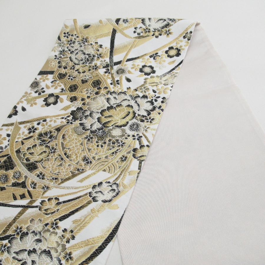 袋帯 振袖用 金糸銀糸 金色x多色 蝶々に桜模様 六通柄 正絹 仕立て