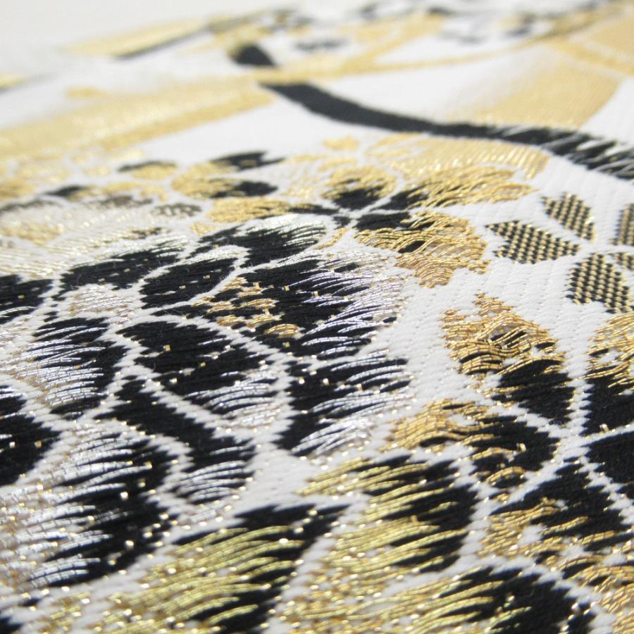 袋帯 正絹 金色x黒色x多色 丸文に花鳥蝶々 ゴールド系 六通柄 金糸