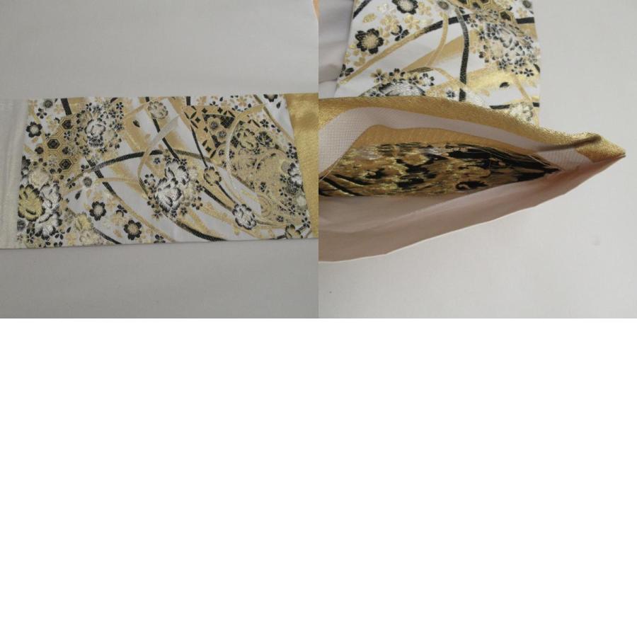 袋帯 正絹 金色x黒色x多色 丸文に花鳥蝶々 ゴールド系 六通柄 金糸