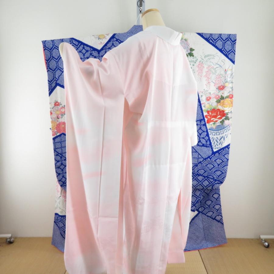 振袖 正絹 青色x多色 金コマ 絞り 花瓶に花紋様 襦袢付き 袷 広衿 
