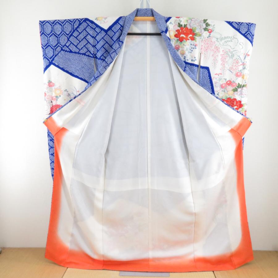 振袖 正絹 青色x多色 金コマ 絞り 花瓶に花紋様 襦袢付き 袷 広衿 