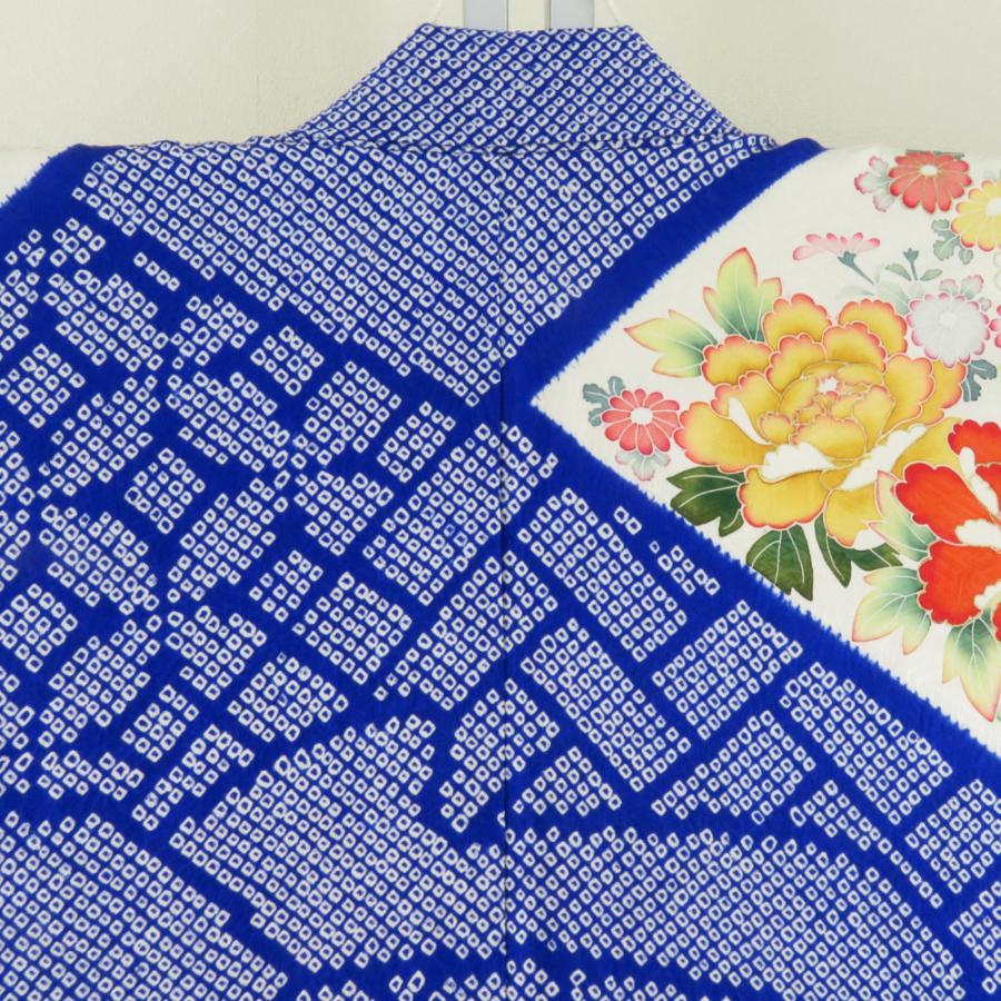 振袖 正絹 青色x多色 金コマ 絞り 花瓶に花紋様 襦袢付き 袷 広衿