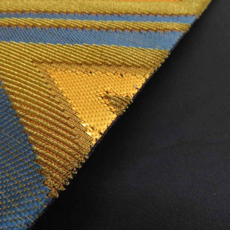 袋帯 振袖用 正絹 ジグザグ紋様 稲妻模様 ゴールドx青x緑 金糸 六通