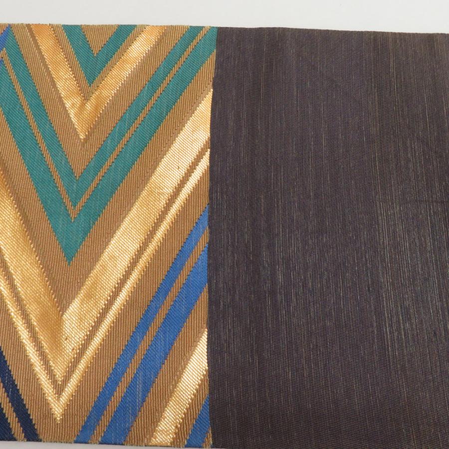 袋帯 振袖用 正絹 ジグザグ紋様 稲妻模様 ゴールドx青x緑 金糸 六通