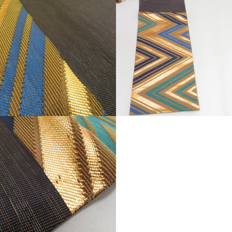 袋帯 振袖用 正絹 ジグザグ紋様 稲妻模様 ゴールドx青x緑 金糸 六通