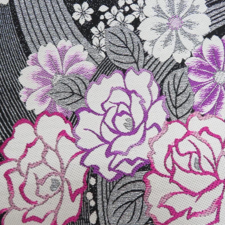 袋帯 振袖用 正絹 波に花々模様 黒ｘ白ｘ紫ｘターコイズブルー 銀糸 六通柄 フォーマル 仕立て上がり 着物帯 長さ448cm 【キモノオフ野々市若松店】 袋帯 振袖用 正絹 波に花々模様 黒x白x紫xターコイズブルー 銀糸 六