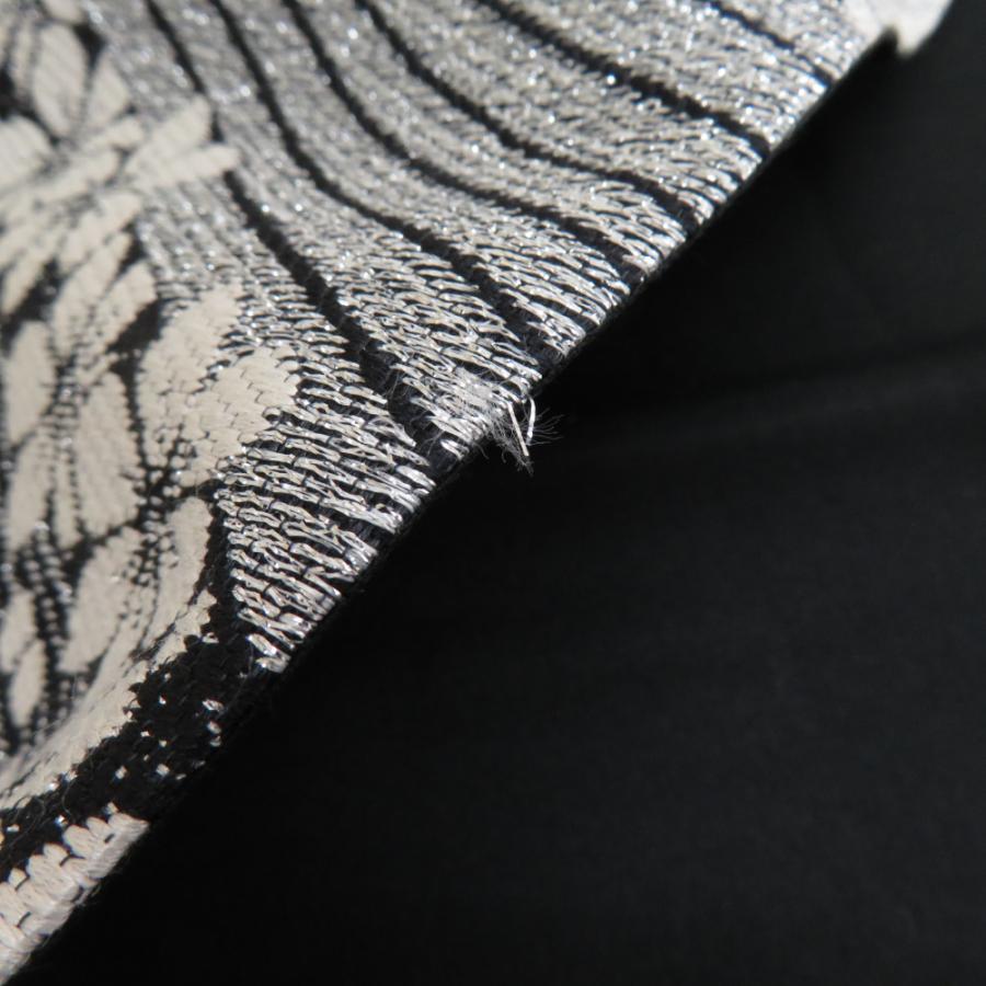 袋帯 振袖用 正絹 波に花々模様 黒x白x紫xターコイズブルー 銀糸 六