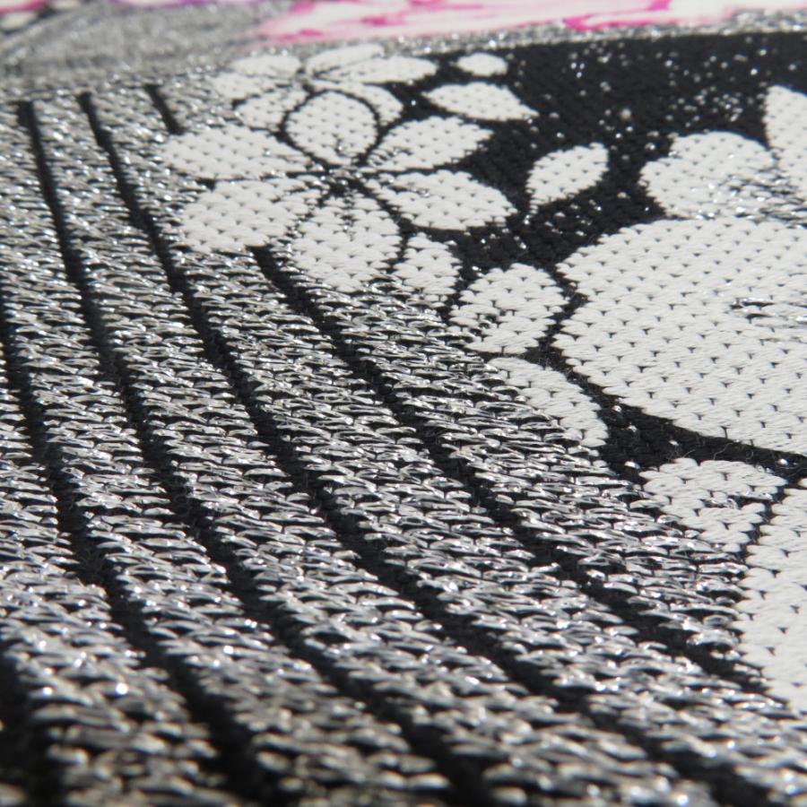 袋帯 振袖用 正絹 波に花々模様 黒x白x紫xターコイズブルー 銀糸 六