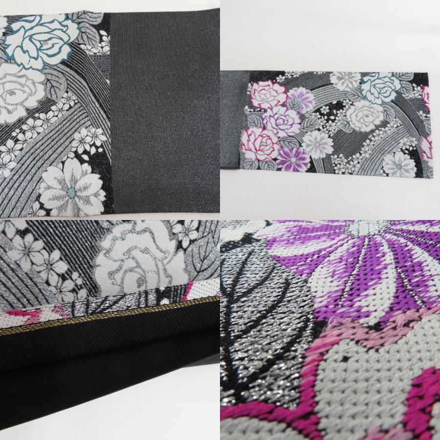 袋帯 振袖用 正絹 波に花々模様 黒x白x紫xターコイズブルー 銀糸 六