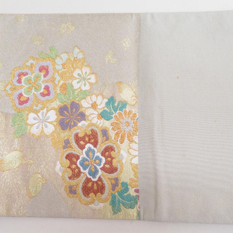 袋帯 振袖用 正絹 花鳥模様 ベージュ色xゴールドx多色 金糸銀糸 六通  