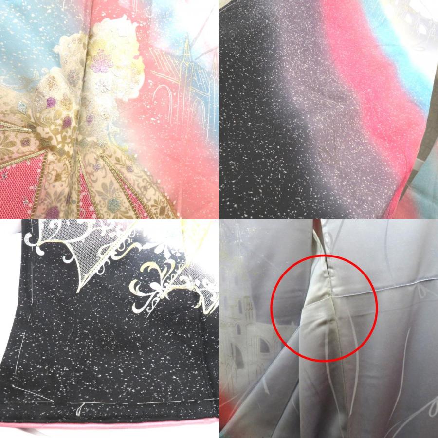 振袖 正絹 D＆E EMANUEL 黒 金 水色 ピンク 多色 宮殿 宝石