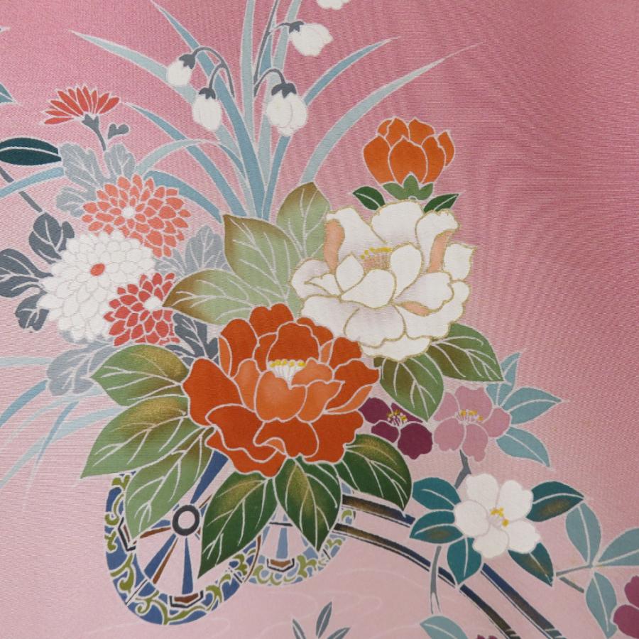 色留袖 花車文様 ピンク色x多色 箔入り 正絹 袷 広衿 三つ紋