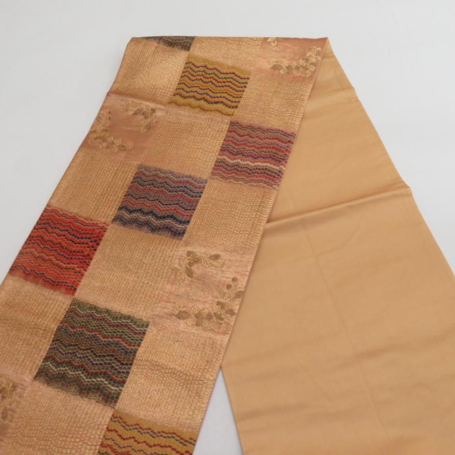 袋帯 六通 洒落袋 幾何変 市松文様 金糸 チェック柄 袋帯 六通 洒落袋 幾何変 市松文様 金糸 チェック柄 袋帯 秀品 よろけ