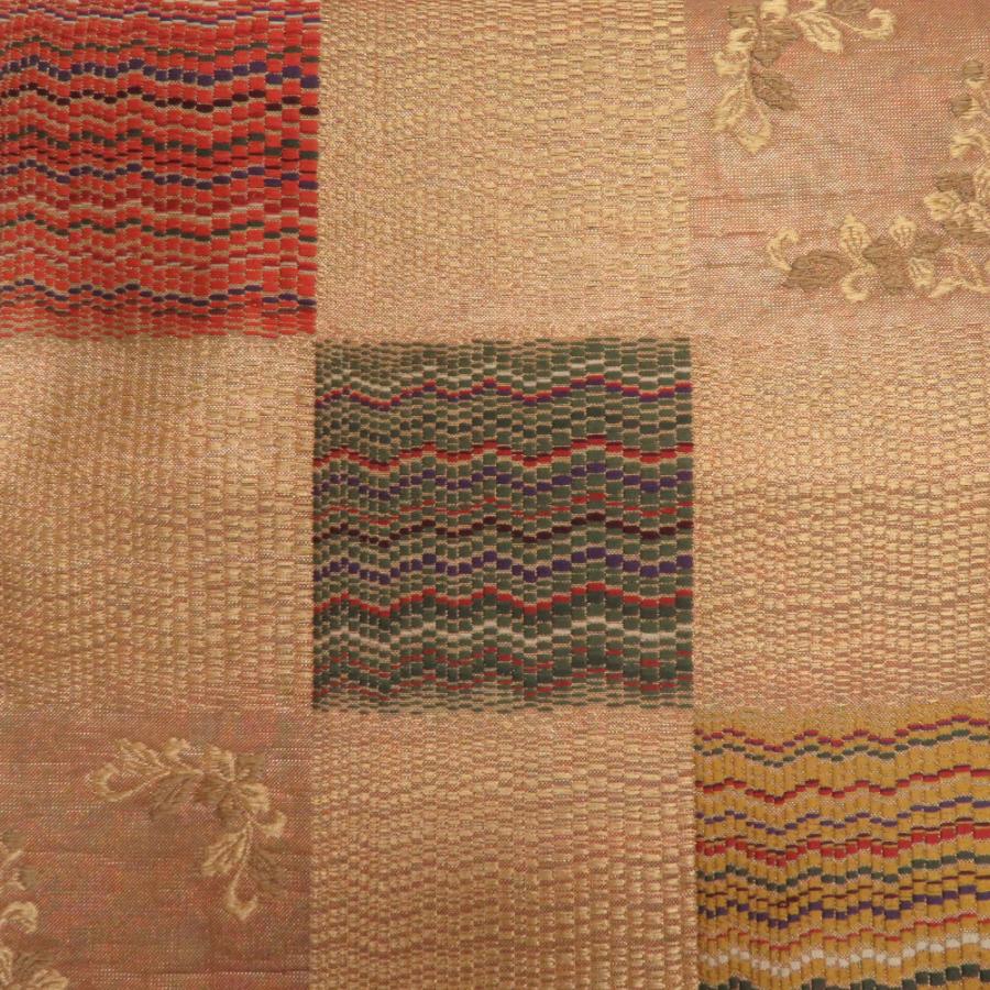 袋帯 市松紋様 金糸 ゴールドxオレンジ色 六通柄 正絹 仕立て上がり