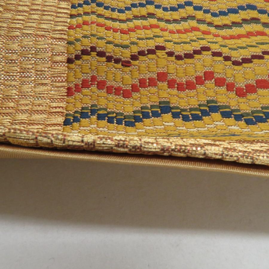 袋帯 市松紋様 金糸 ゴールドxオレンジ色 六通柄 正絹 仕立て上がり