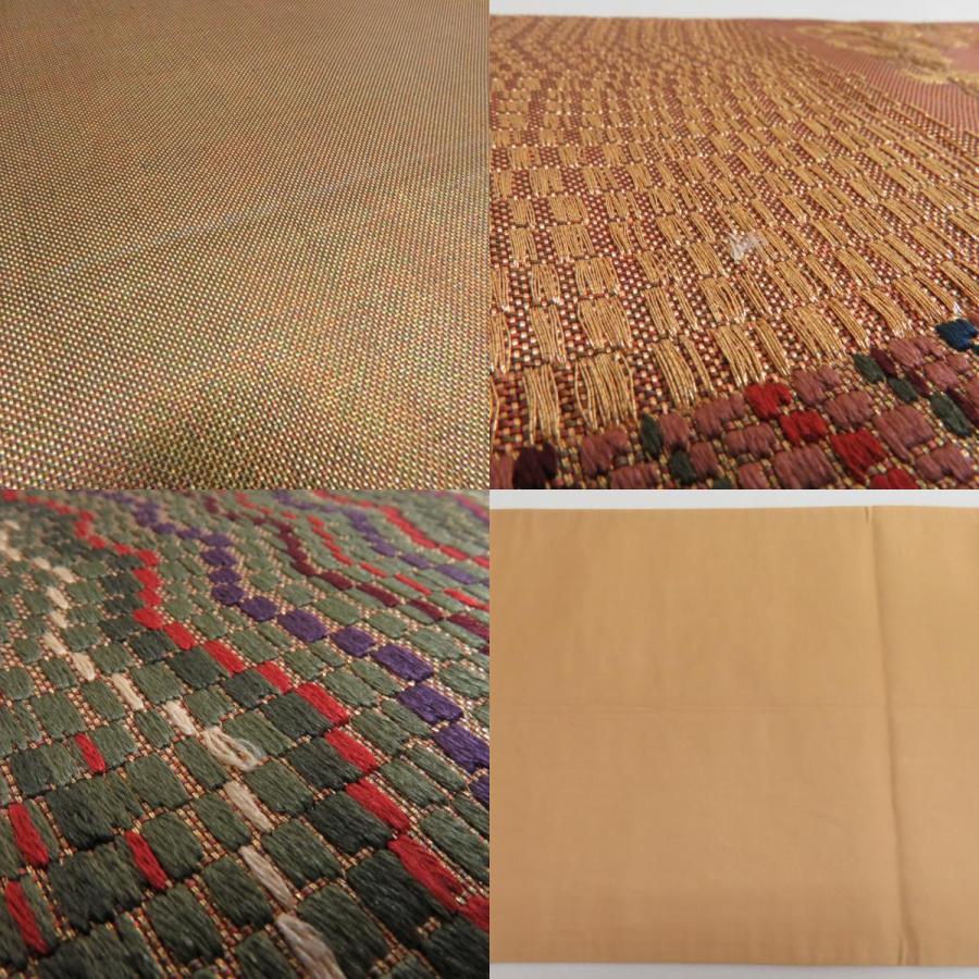 袋帯 市松紋様 金糸 ゴールドxオレンジ色 六通柄 正絹 仕立て上がり