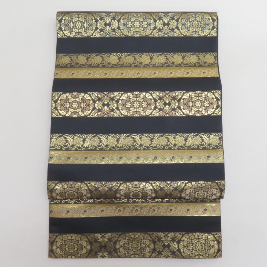 袋帯 縞にオリエンタル模様 草木染本金箔 墨色ｘ金色 金糸 六通柄 正絹 仕立て上がり 着物帯 長さ440cm 【キモノオフ野々市若松店】 袋帯 縞にオリエンタル模様 草木染本金箔 墨色x金色 金糸 六通柄 正絹