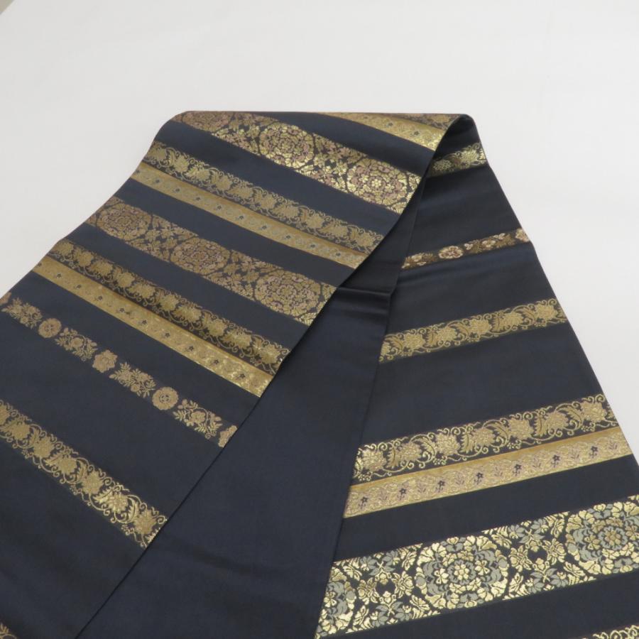 袋帯 縞にオリエンタル模様 草木染本金箔 墨色x金色 金糸 六通柄 正絹