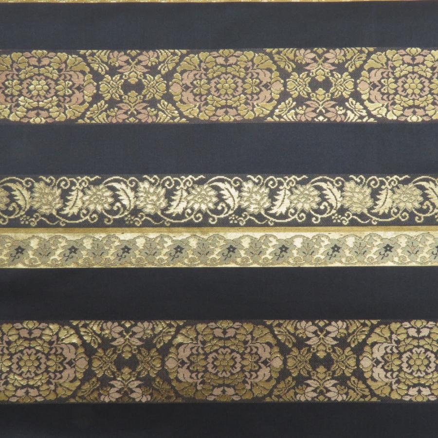 袋帯 縞にオリエンタル模様 草木染本金箔 墨色x金色 金糸 六通柄 正絹