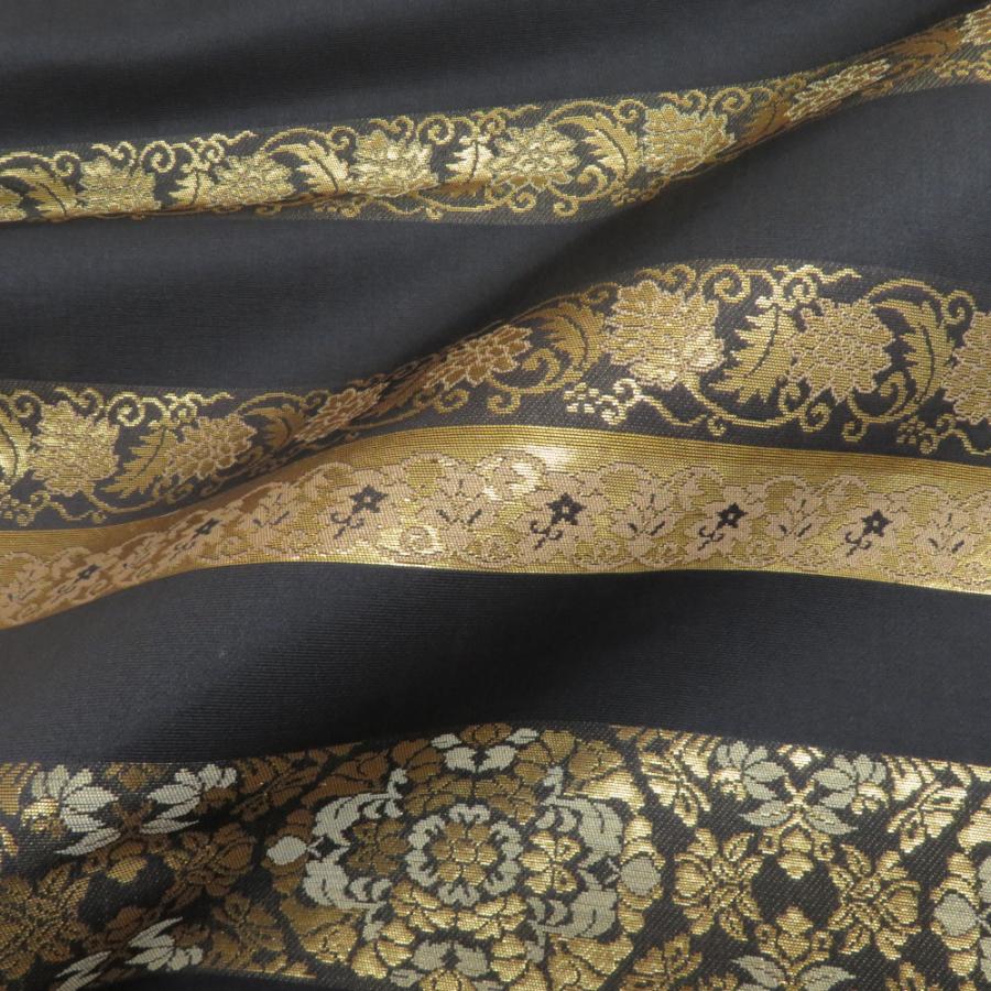 袋帯 縞にオリエンタル模様 草木染本金箔 墨色x金色 金糸 六通柄 正絹
